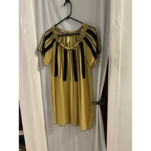 Floureat Gold Black Inky Quills Embroidered Silk Shift Dress Sz 10